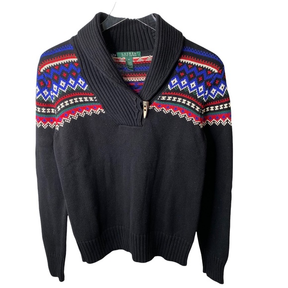Lauren Ralph Lauren LRL Shawl Collar Fair Isle Sweater Faux Antler Toggle Medium - Picture 6 of 8